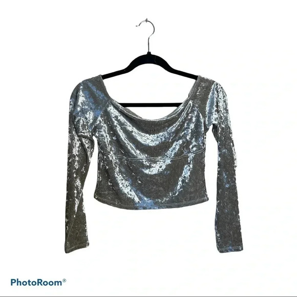 Top shop grey velvet long sleeve cropped top  Sz 6 - Picture 3 of 12